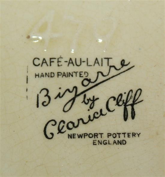 A Clarice Cliff Oranges pattern cafe au lait ground square biscuit barrel, shape 479, 18cm